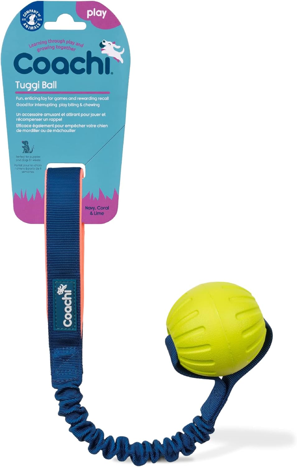 Coachi Tuggi Ball Dog Toy -  Navy, Coral &amp; Lime