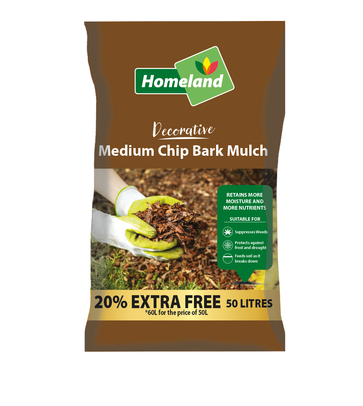 Homeland Medium Chip Bark - 50L + 20% FREE